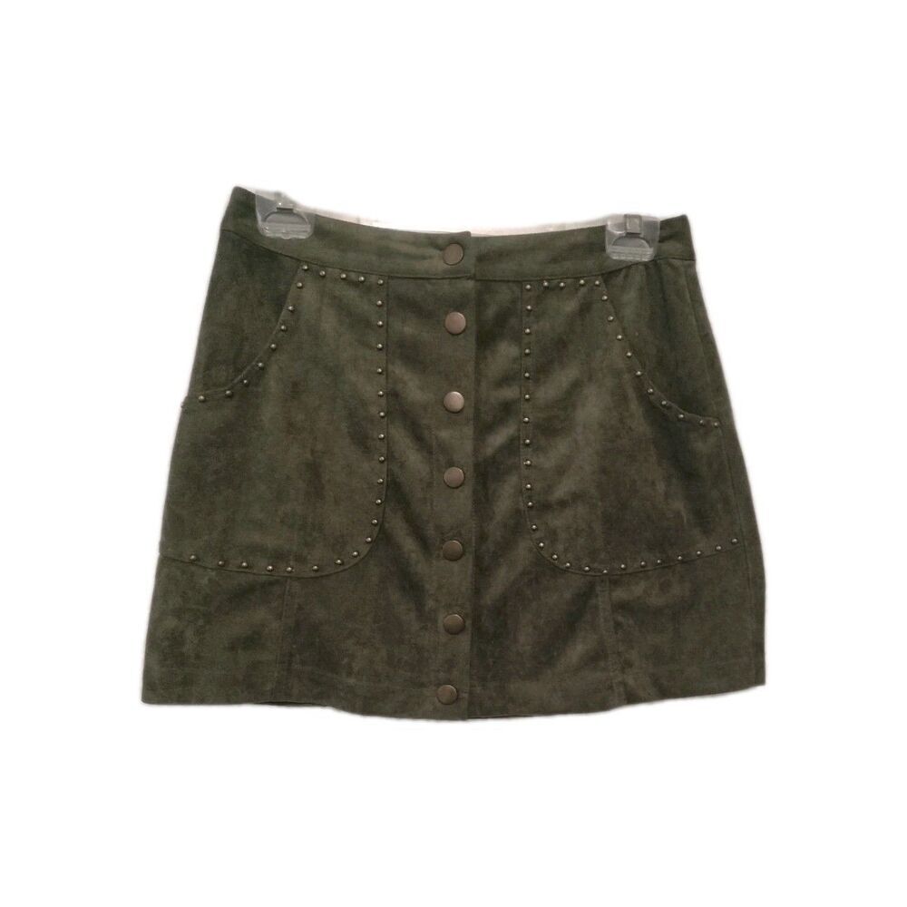 B. Original Mini Skirt Sz Medium Green Suede Brass Brads Accents Boho Pockets
